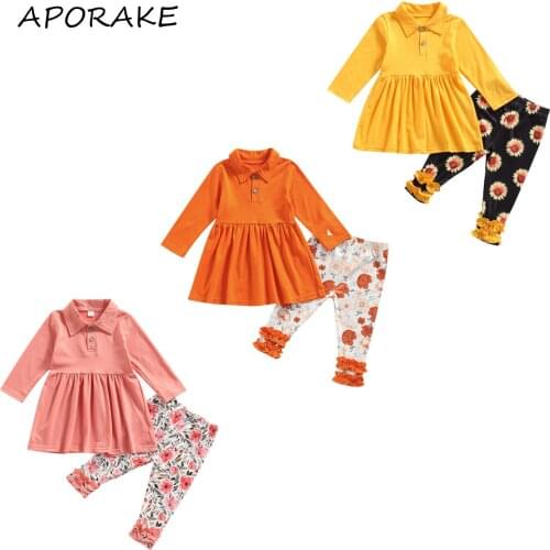 2021 1-6Y Casual Kids Baby Girl Clothing Set Button Solid Color Long Sleeve Dress Top+Floral Print Pants Autumn 2pcs Outfits