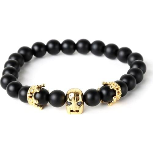 Beichong Fashion New Trendy Men Bracelet Black Eye Skull 8MM Black Beads Crown Bracelet For Men Jewelry gift
