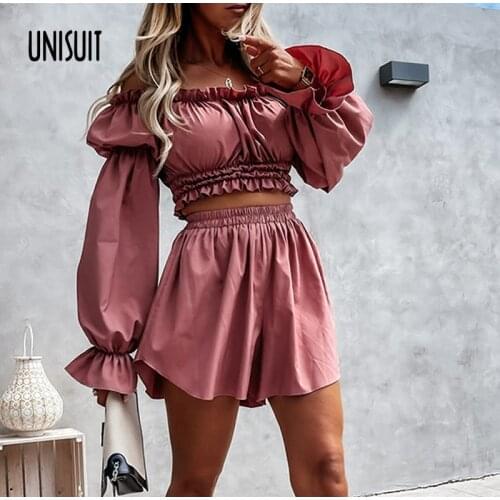 Sexy Off Shoulder Outfit Ladies Long Sleeve Ruffles Blouse Tops And Loose Short Pants Set 2021 Summer Autumn Fashion Casual Suit