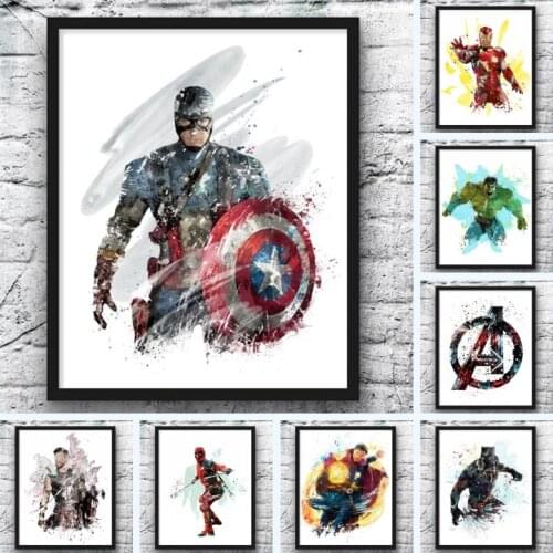 Marvel Avengers Watercolor Poster Iron Man Canvas Painting Wall Art Picture Childrens Room Home Decor Gifts for Baby Cuadros