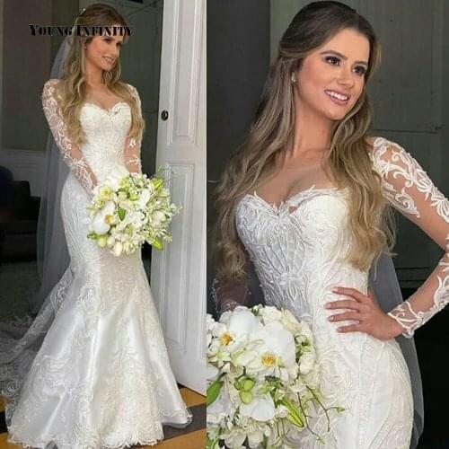 Romantic Mermaid Wedding Dress 2021 Scoop Long Sleeves Lace Bridal Gown Court Train Illusion White Dress Plus Size