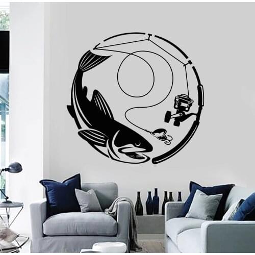 Fishing Hobby Vinyl Wall Decal Caught Fish Club Marine Style Wall Decor Stickers Mural Home Bedroom Decorative Decals Art LC1577