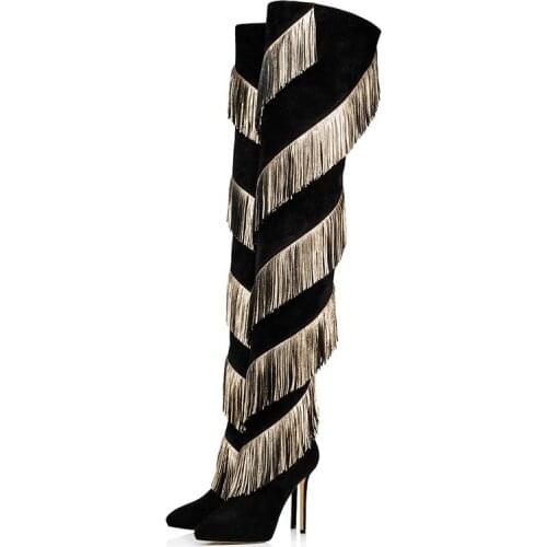 Long Boots Women Black Suede Gold Tassel Thin High Heel Thigh Boots Pointed Toe Thin Heels Zip Over-the-knee Botas Mujer Shoes