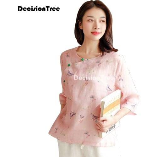 2021 chinese traditional costume women classic tang suit hanfu linen ethnic vintage party dance wear cheongsam chiffon blouse