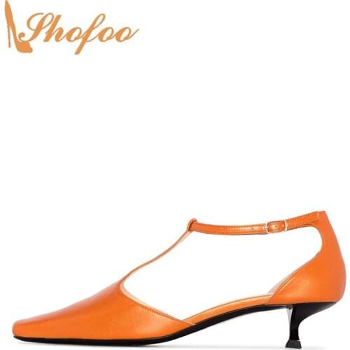 Orange Pointed Toe Med Thin Kitten Heels Pumps Woman Buckle Strap Large Size 13 15 For Ladies Fashion Office Mature Shoes Shofoo