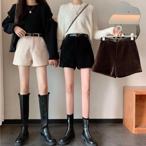 High Quality 2021 Woolen Loose Shorts with Belt Women Short Pants Brown for Girls Casual Boot Fashion High Waist Female Spring