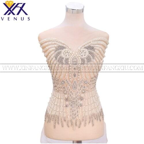 XFX VENUS 1 Piece Handmade Pearl Design Rhinestones applique beads patches trimming motif for wedding dress DIY Fabric garment