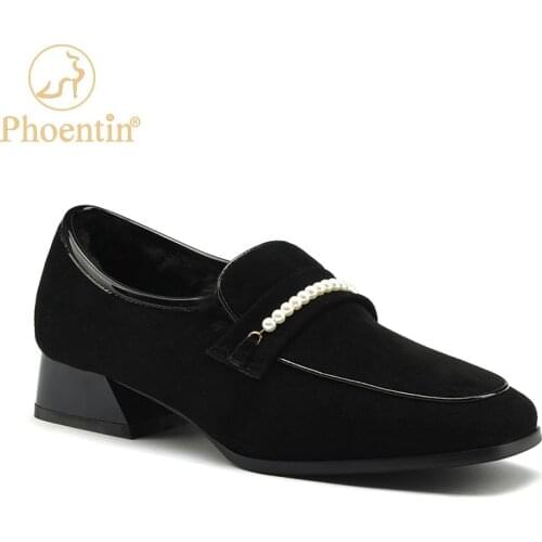 Phoentin Woman Genuine Leather Loafers with wool 2020 Winter warm soft Square Toe office Boat Shoes mid heels Black Brown FT1258
