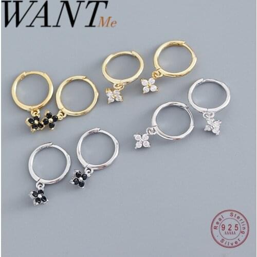 WANTME New Fashion Genuine 925 Sterling Silver Pave Black White CZ Hanging Flower Ear Buckle for Women Party Earrings Jewelry