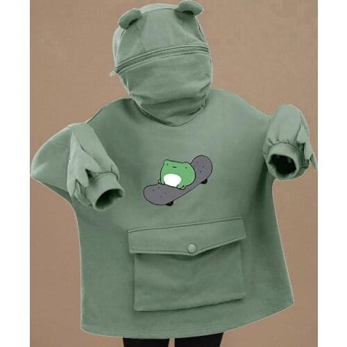 Womens Teen Girls Cute Frogs Skateboarding Pattern Hoodies Frogs Shaped Zipper Mouth Hooded Pullover Sweatshirt Sudaderas A40