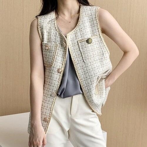 2021 Spring Autumn New Fashion Retro Plaid Tweed Vest Sleeveless Short Jacket All-match Casual Sweater Waistcoat for Women Y658