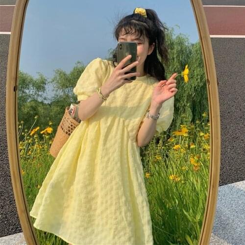 French Bubble Sleeve Sukienka Cotagecore Kawaii Light Yellow Dress Womens 2021 Summer New First Love Sweet Gentle Wind Skirt