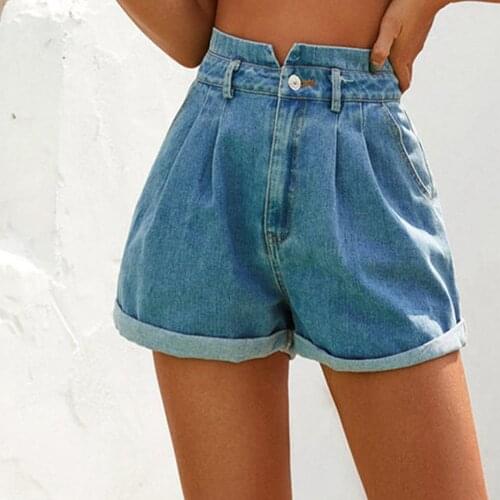 2021 Summer High Waist Denim Shorts Women Casual Loose Ladies Fashion Roll Up Hem Elastic Waist Pocket Blue Jeans Female#G3