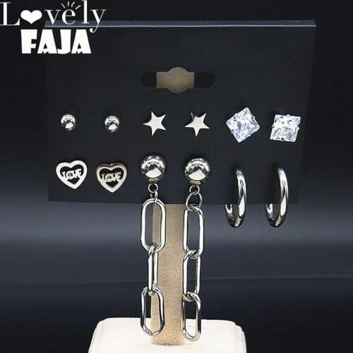 6 Pair 2021 Punk love Heart Crystal Stainless Steel Earrings Set for Women Silver Color Stud Earrings Jewelry pendientes E612904