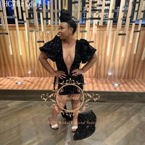 Shiny Black Short African Prom Dresses Deep V Neck Sheath Half Sleeves Sequins Birthday Party Special Occasion Women Gowns