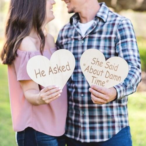 Rustic Wooden He Asked She Said Yes Heart shaped Photo Booth Prop Bride Groom Wedding Favors Supplies