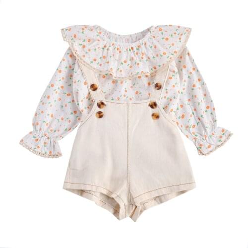 Childrens Two Piece Set Girls Ruffled Crew Neck Sleeve Flower Leaf Shirt Printing Solid Button Overalls