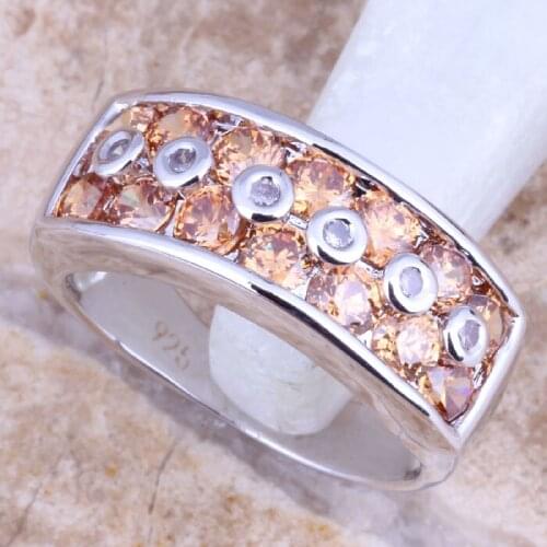 Exquisite Champagne Morganite White CZ Silver Plated Womens Jewelry Ring Size 5 / 6 / 7 / 8 / 9 R1475