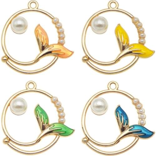 Julie Wang 4PCS Enamel Mermaid Tail Charms With Man-made Pearl Alloy Round Pendant Bracelet Jewelry Making Accessory 4 Colors