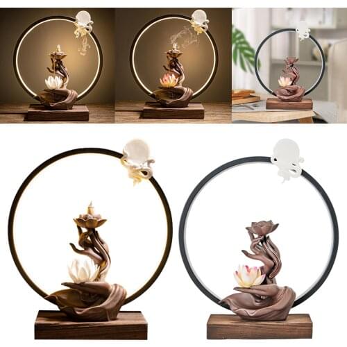 Ceramic Backflow Waterfall Incense Burner LED Light White Lotus Cone Stick Incense Holder Antique Ceramic