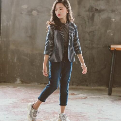 Kids Clothes Sets Girls 2 Pcs Striped Long Sleeve Coats & Jeans Pants Suits Children Outfits Teeange Girls Jackets Clothing Set