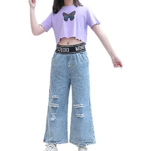Hip Hop Girls Clothing Jazz Costumes Kids T-shirt Crop Top + Ripped Jeans Pants 2Pcs Outfits Summer Children Clothes Girls Sets