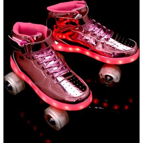Pink Gold Silver LED Flash Roller Skates Shoes USB Recharge 4-Wheel For Woman Man Kids Double-Row Outdoor Indoor Sneakers Shoes