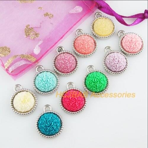 Fashion 10 New Round Charms Dull Silver Plated Retro Mixed Acrylic Resin Flower Pendants 15.5x19mm
