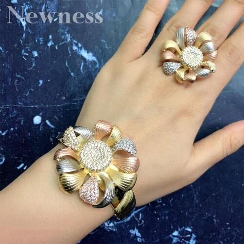 Newness Luxury Large Bloom Flower Bracelet Bangle and Ring Set for Women Engagement Wedding Party