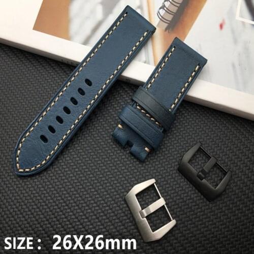 Brand Genuine soft cow Leather watchband Handmade blue Band Retro Watch belt 24mm 26mm for Panerai strap Man buckle free tools