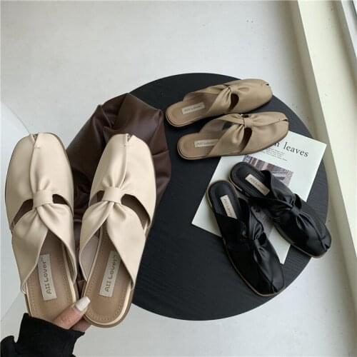 Cut Out cover toe mules women slippers sandals flat summer beach shoes woman flipflops celebrity twist bow-knot slides mujer2021