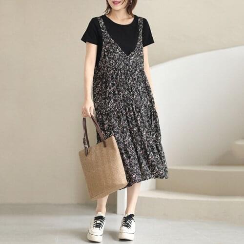 Loose Big Size Womens Black Short Sleeve T-shirt V-neck Floral Suspender Dress Female Two-piece Dress Summer New Style aq765