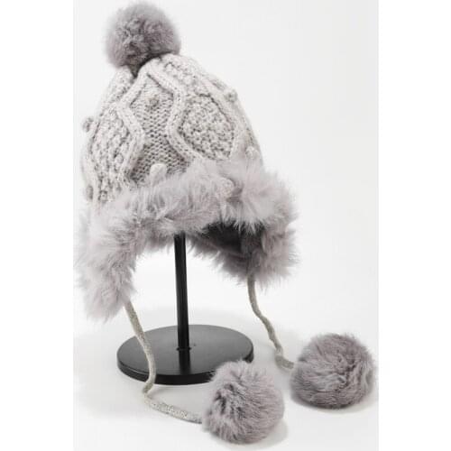 Girls Thicken Ski Snow Cap New Fashion Fur PomPoms Winter Women Beanie Hats Female Skullies Warm Gloves + Knit Hat Set