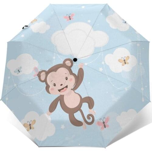Wind Resistant Folding Automatic Umbrella Women Auto Cute Little Monkey On The Cloud Windproof Umbrellas Rain For Men Parasol