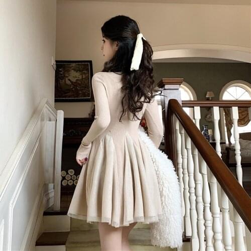 Knitted Sweater Dress Women 2020 Winter Casual French Vintage Evening Party Knit Dress Female Long Sleeve One-piece Dress Korean