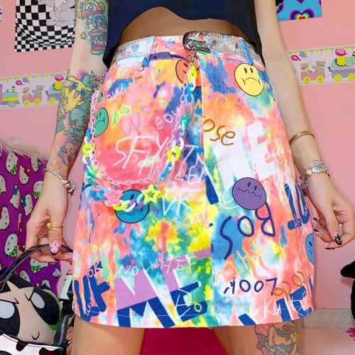 Japanese Women Sweet Skirt Harajuku Cute Cartoon Graffiti High Waist Mini Bag Hip Skirt Preppy A-line Kawaii Fashion Clothing