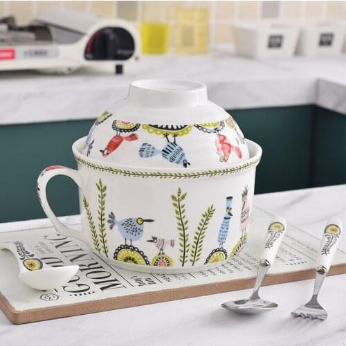 Japanese Rice Bowl Ramen Porcelain with Handle Instant Noodle Bowl with Lid Tableware Lunch Box Lunch Bowl