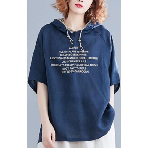 Mori Girl Shirt 2021 Spring Summer Cotton Linen Printed Letter Big Size Hooded Half Sleeves Korean Fashion Blouse Female
