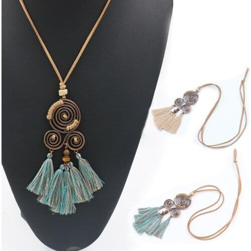 Women Sweater Chain 2021 Hot European And American Fashion Retro National Style Handmade Fabric Cotton Thread Tassel Necklace