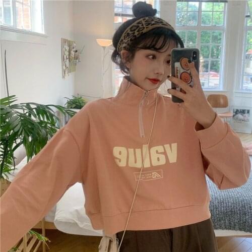 Hoodies Women Sweatshirt Vintage Short Zipper Stand Collar Pullover New Loose Student Large Size Shirt Dropshipping WBX358