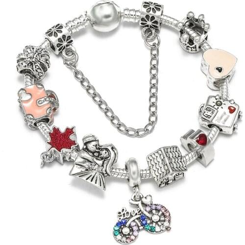 Seialoy Colorful Bike Charm Bracelets For Women Original Family House Luggage Crown Beaded Bracelet Bangle Family Jewelry Gift