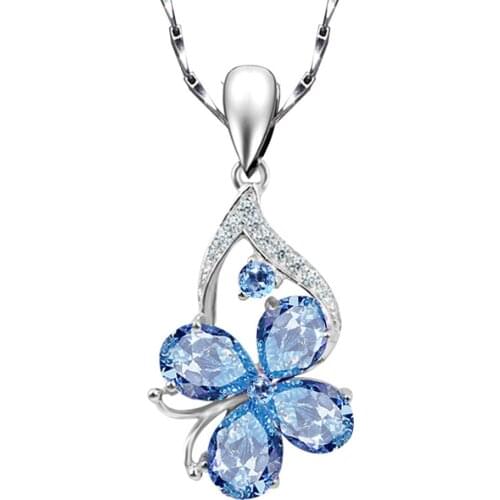 Aquamarine Gemstones Diamonds Pendant Necklaces For Women Blue Crystal White Gold Choker Silver Color Jewelry Bijoux Bague Gifts