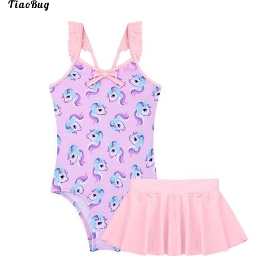 TiaoBug Summer 2Pcs Kids Girls Swimsuit V Neck Straps Jumpsuit And Skirt Set Beach Pool Bathing Suit Bikini Swimwear Tankini