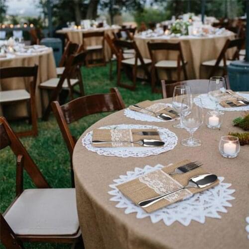 50PC Fashion Rustic Vintage Wedding Lace Tableware Pouch Fork Knife Holder Pocket Jute Burlap Wedding Party DIY Table Decoration