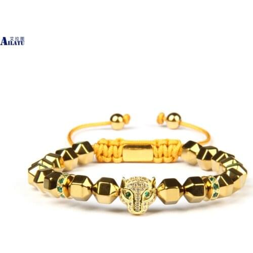 Ailatu New Leopard Macrame Panther Bracelet with Micro Pave Green Cz Spacer Beads Top Quality