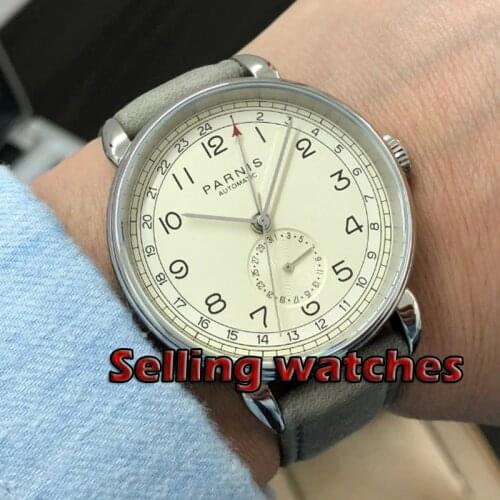 New Parnis 42mm GMT silver case arab mark date window leather strap mens top leisure automatic mechanical watch