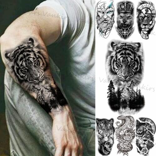Black Tiger Mountain Temporary Tattoos For Men Women Adults Bear Lion Compass Snake Rose Fake Tattoo Sticker Arm Tattoo 3D