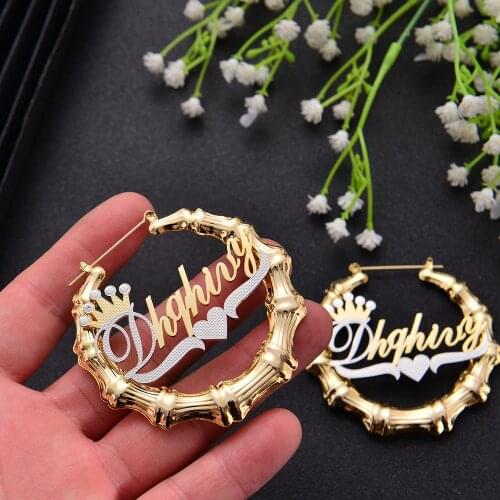 HIYONG Two Tone Custome Earrings Bamboo Hoop Personalized Name Earrings Gold Plated Nameplate Earrings Stainless Steel Jewelry