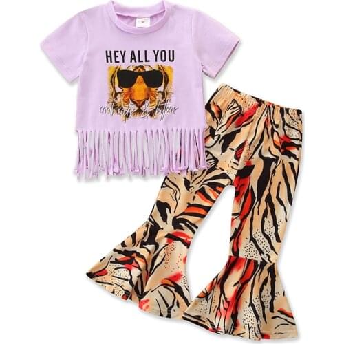 Citgeett Summer Infant Baby Girls Clothes Sets 2pcs Cartoon Animal Printed Short Sleeve Tassel T Shirts Flare Pants Clothing