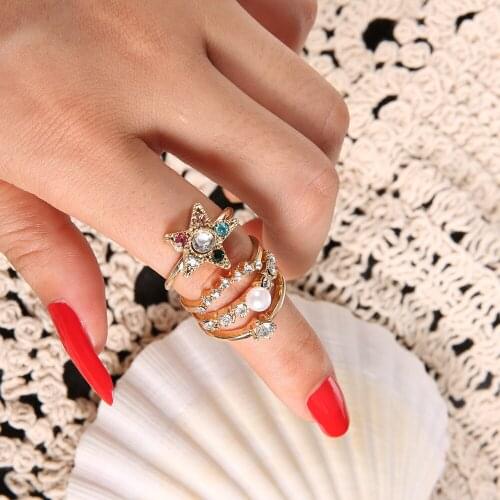 4 Pcs /Set Fashion Pearl Metal Five-pointed Star Zircon Ring for Women Simple Alloy Joint Ring New Jewelry Gift